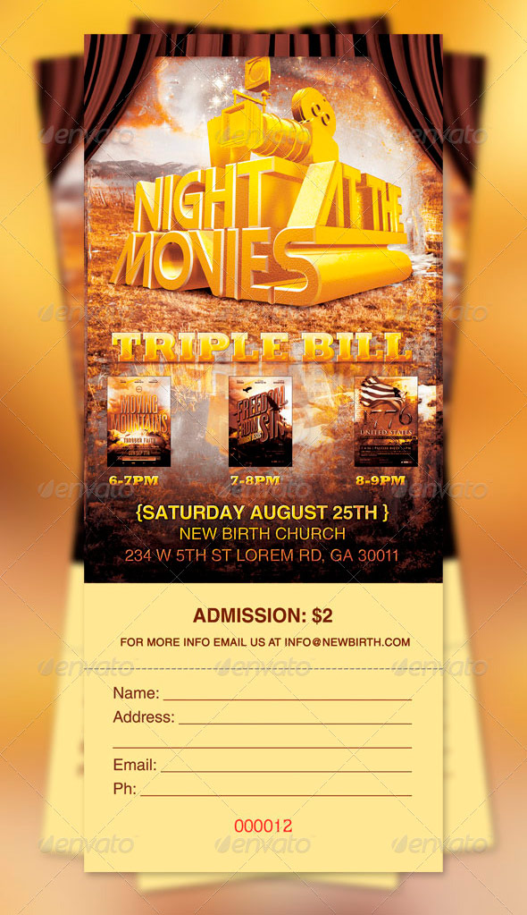 Night at the Movies Church Flyer and Ticket