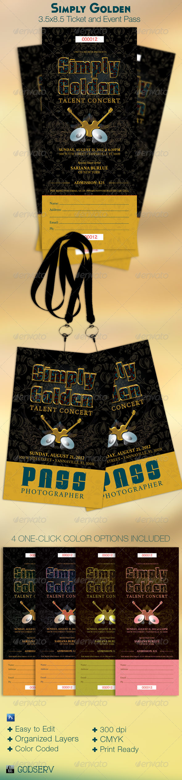 Simply Golden Ticket and Event Pass Template