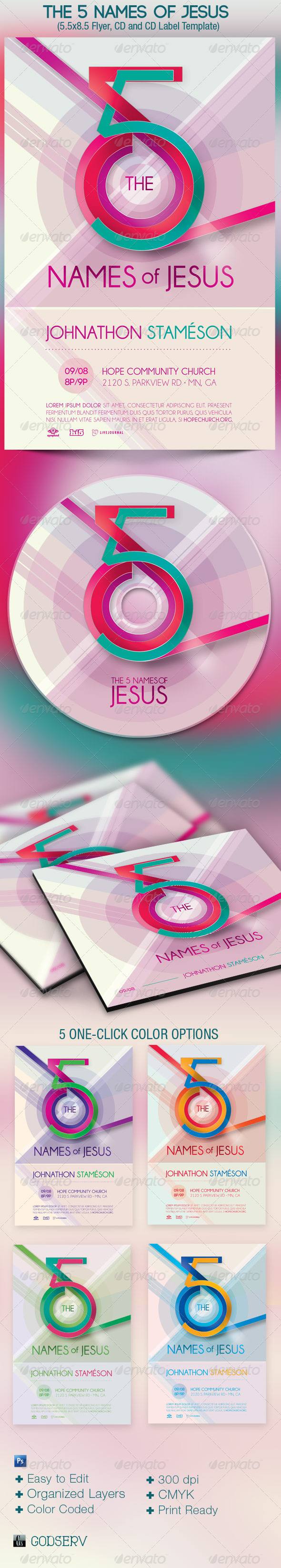 The 5 Names of Jesus Church Flyer and CD Template