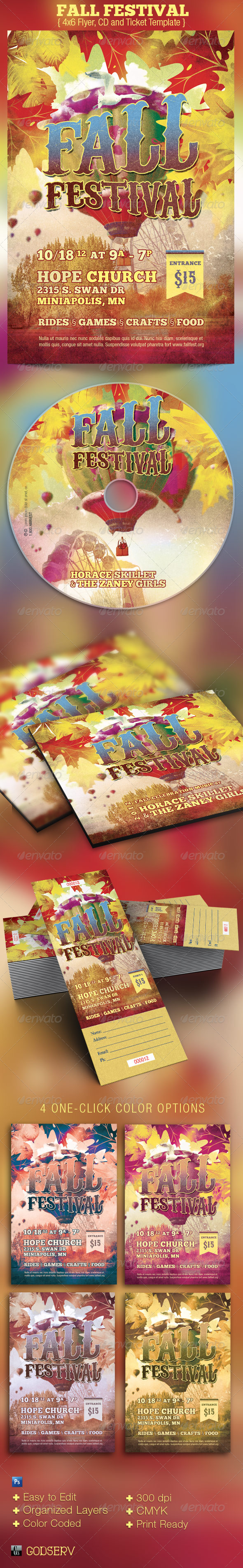 Fall Festival Church Flyer, CD and Ticket Template