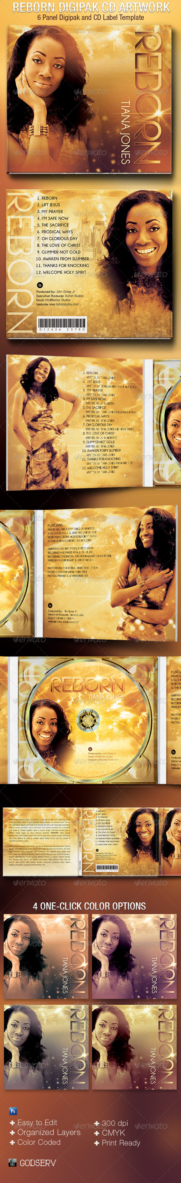 Reborn 6 Panel Digipak CD Artwork Template