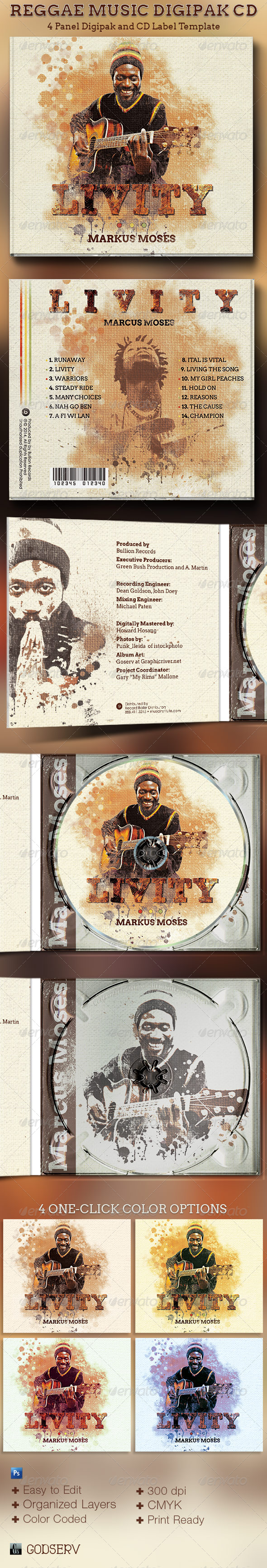 Reggae Music 4 Panel Digipak CD Artwork Template