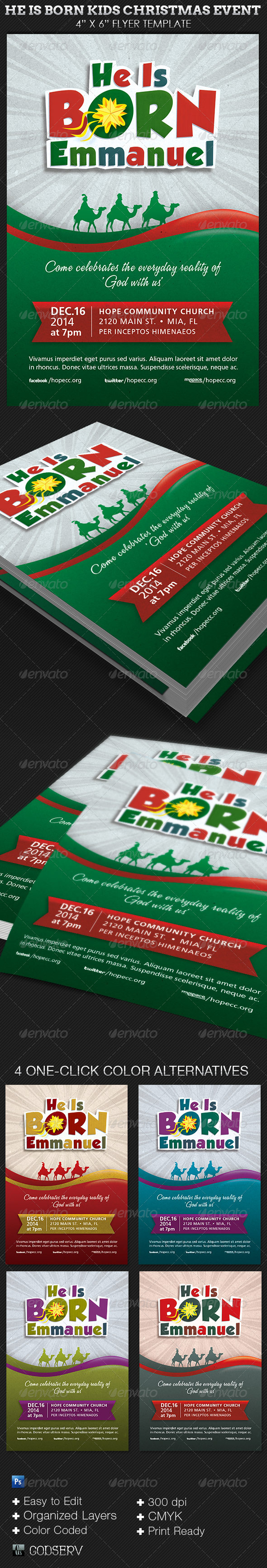 He Is Born Kids Christmas Flyer Template