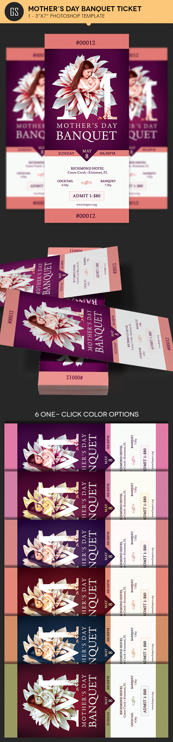 Mothers Day Banquet Ticket Photoshop Template 