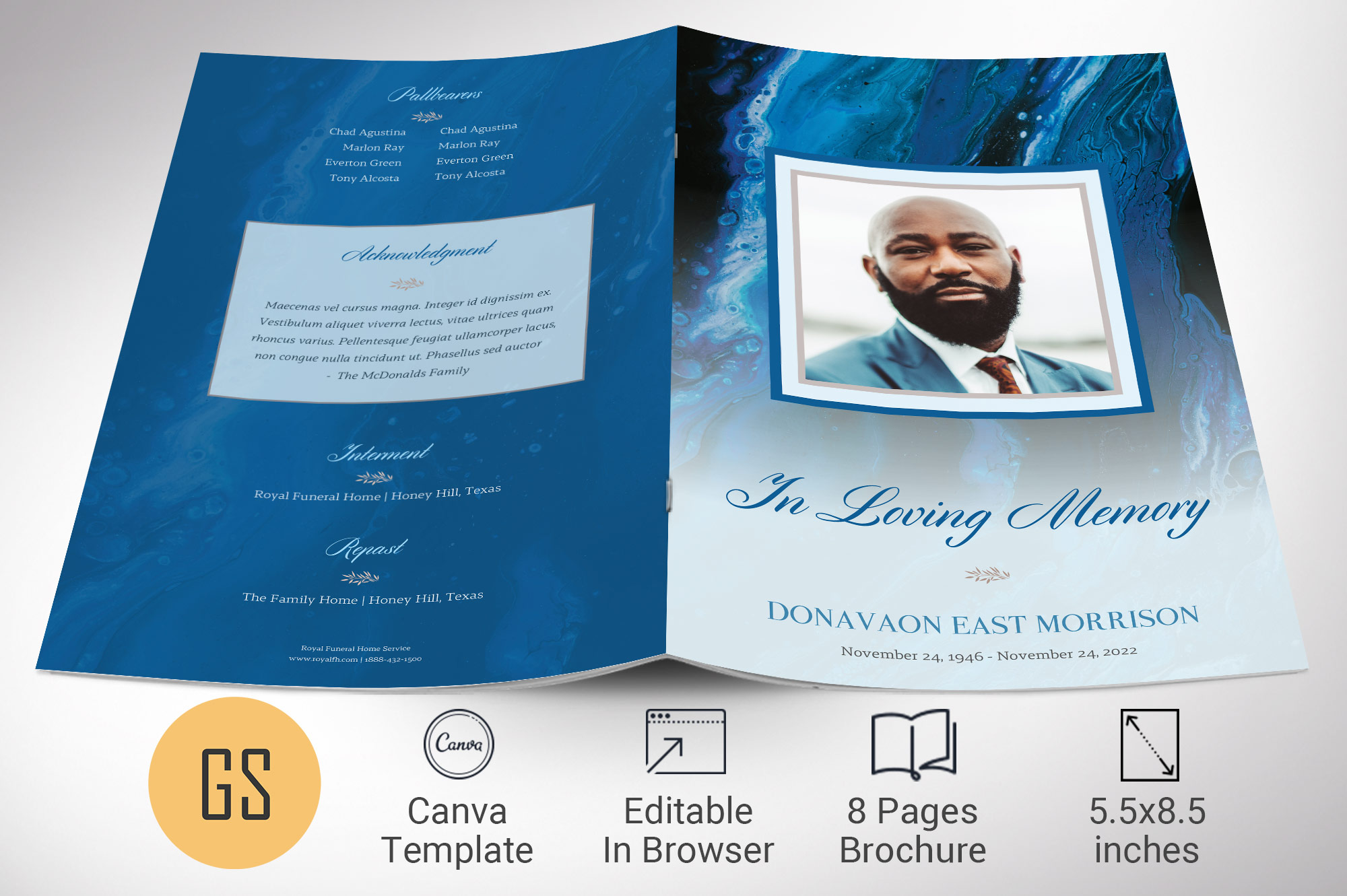 Blue Marble Funeral Program Template for Canva