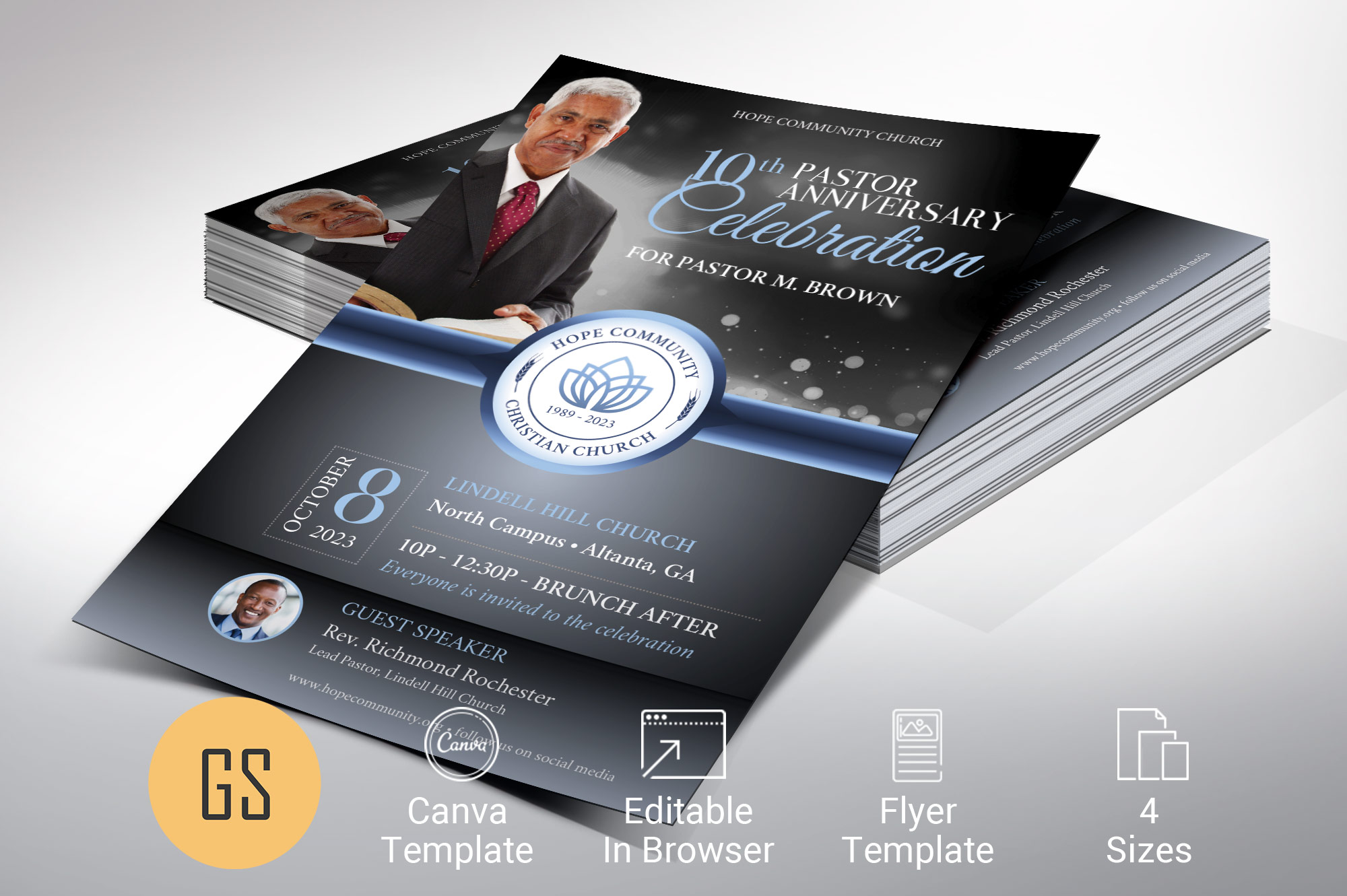 Blue Black Pastor Anniversary Flyer Template for Canva