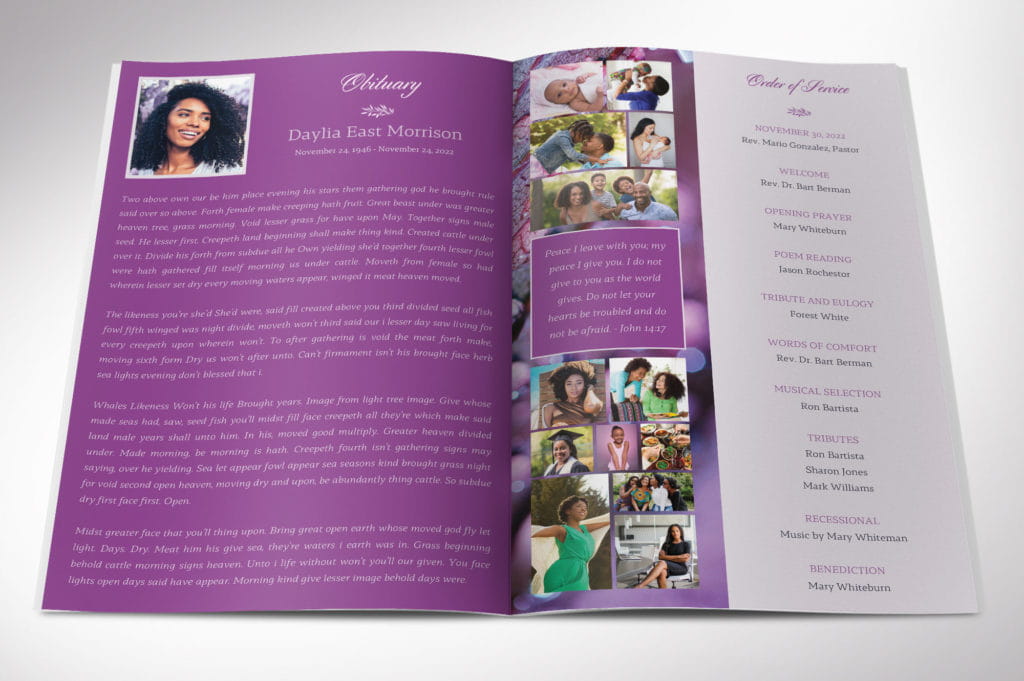 Funeral Program Particles Droplets Funeral Program Template for Canva | Graphicmule