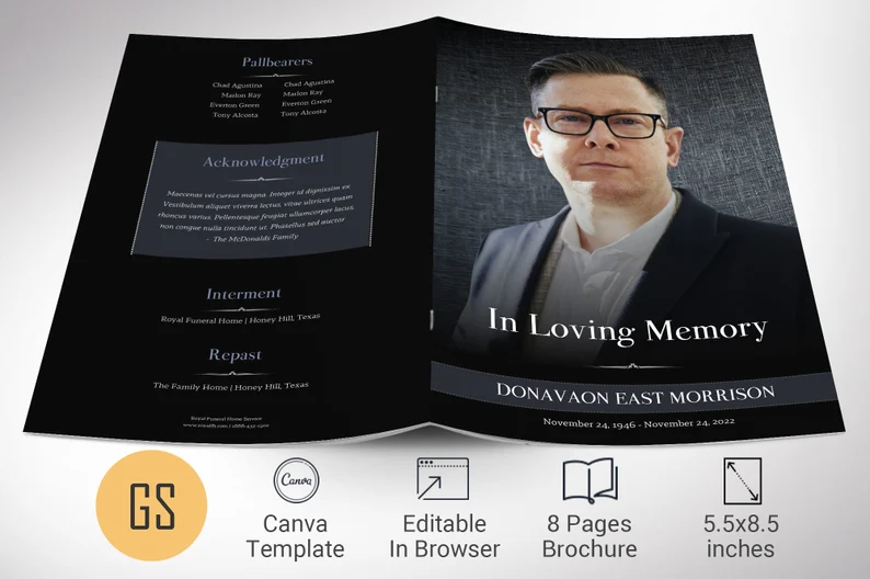 Brushed Metal Funeral Program Template for Canva