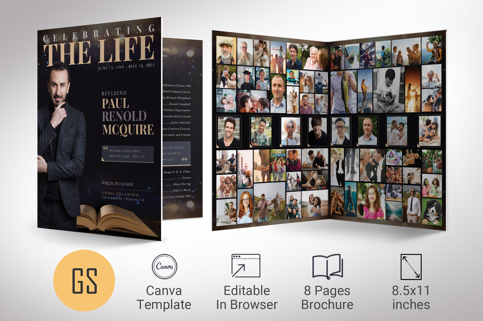 Life Tabloid Funeral Program Template for Canva.