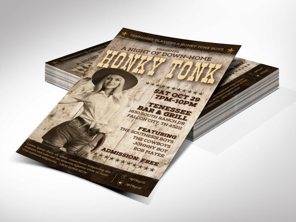 Honky Tonk Country Flyer Template for Canva. Whether you're hosting a Honky Tonk night, a thrilling rodeo show, or a lively happy hour, this country flyer 