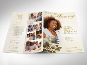 Beige Classic Rose Funeral Program, meticulously designed for Canva. Great for a celebration of life funeral service or memorial service. This magazine-style template for Canva