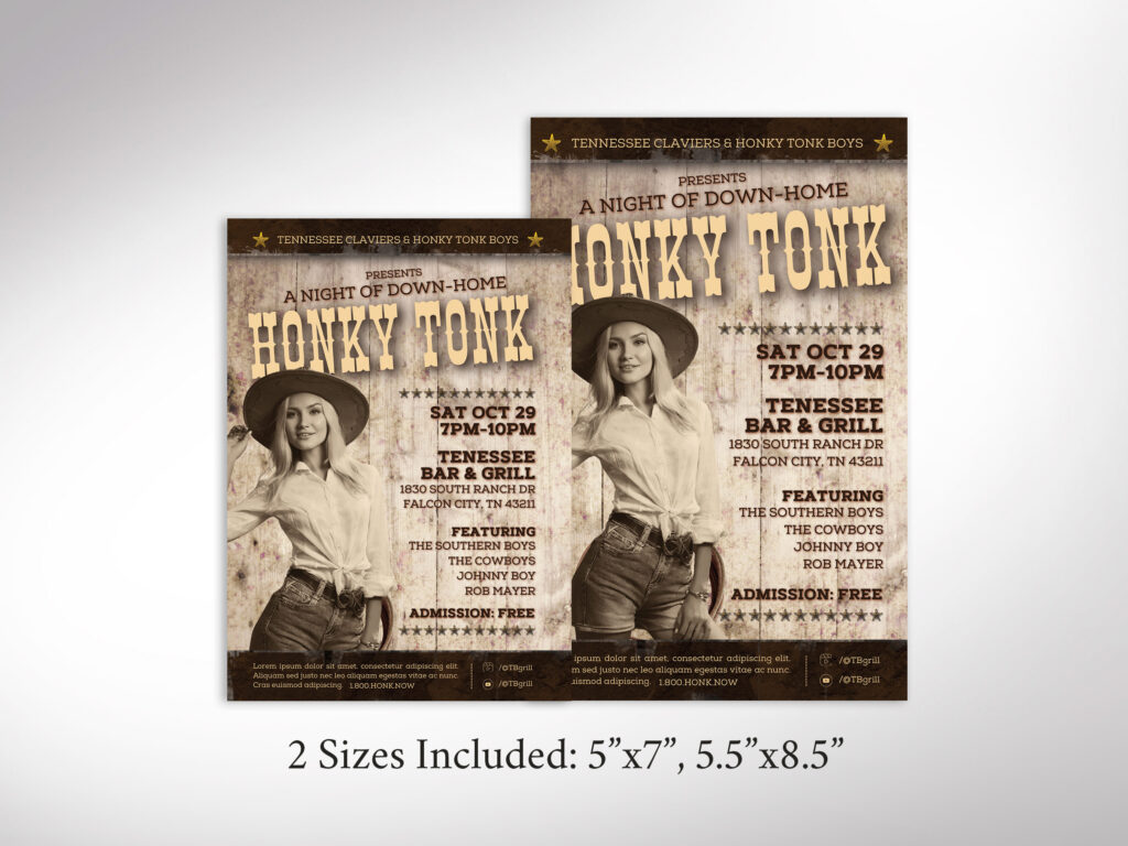 Honky Tonk Country Flyer Template for Canva. Whether you're hosting a Honky Tonk night, a thrilling rodeo show, or a lively happy hour, this country flyer 