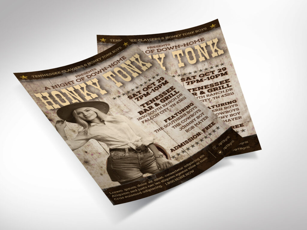 Honky Tonk Country Flyer Template for Canva. Whether you're hosting a Honky Tonk night, a thrilling rodeo show, or a lively happy hour, this country flyer 