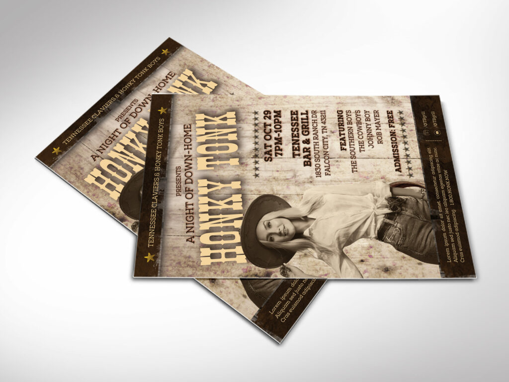 Honky Tonk Country Flyer Template for Canva. Whether you're hosting a Honky Tonk night, a thrilling rodeo show, or a lively happy hour, this country flyer 