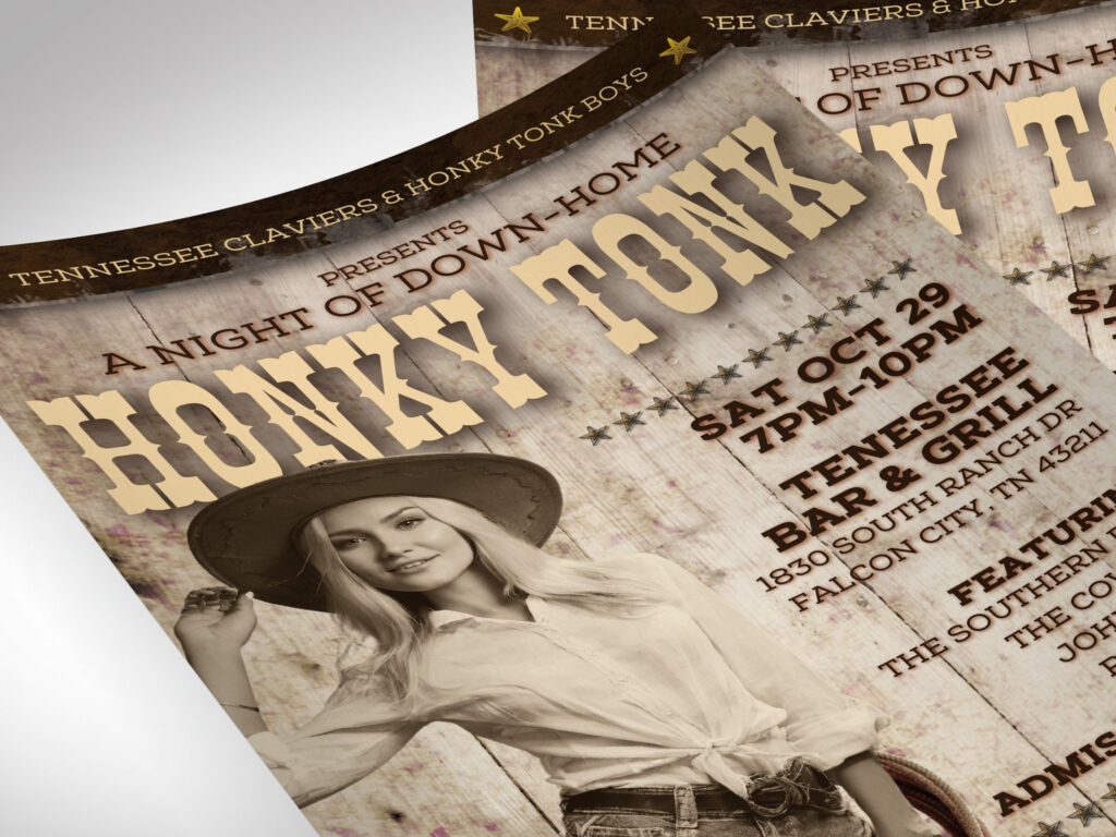 Honky Tonk Country Flyer Template for Canva. Whether you're hosting a Honky Tonk night, a thrilling rodeo show, or a lively happy hour, this country flyer 