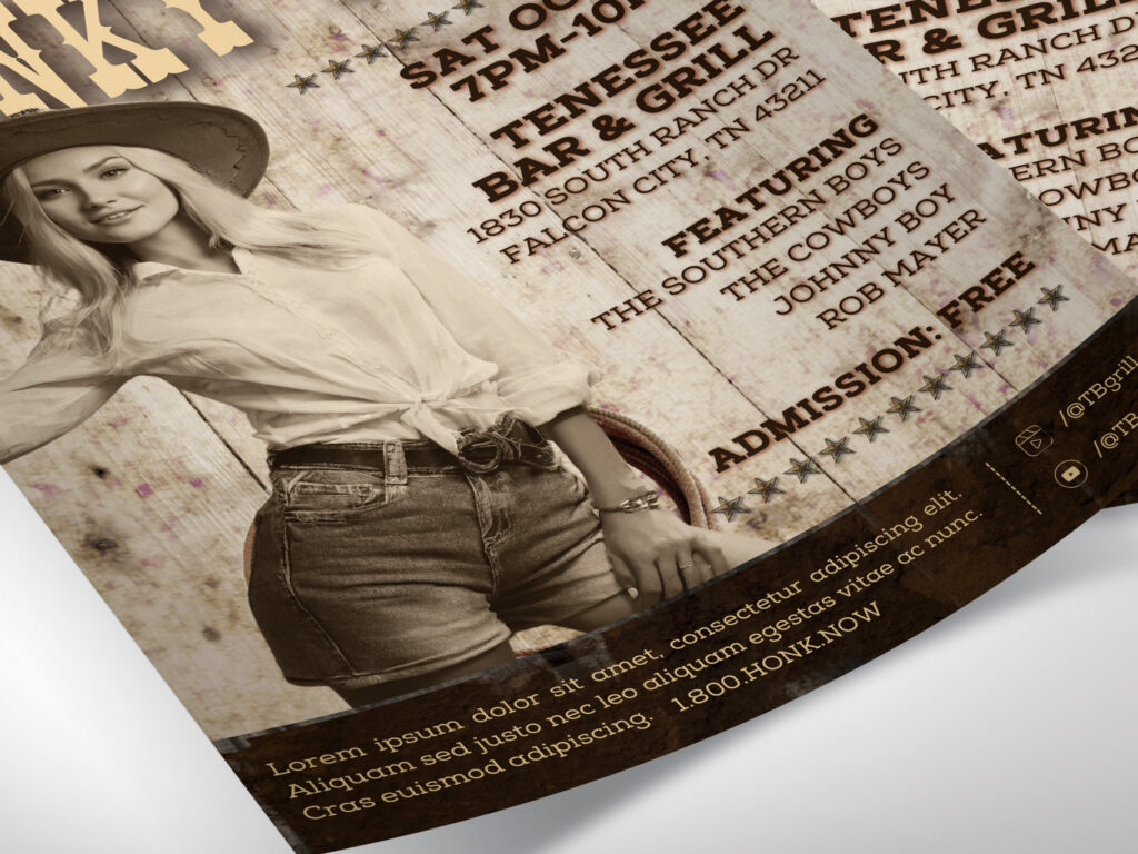 Honky Tonk Country Flyer Template for Canva. Whether you're hosting a Honky Tonk night, a thrilling rodeo show, or a lively happy hour, this country flyer 