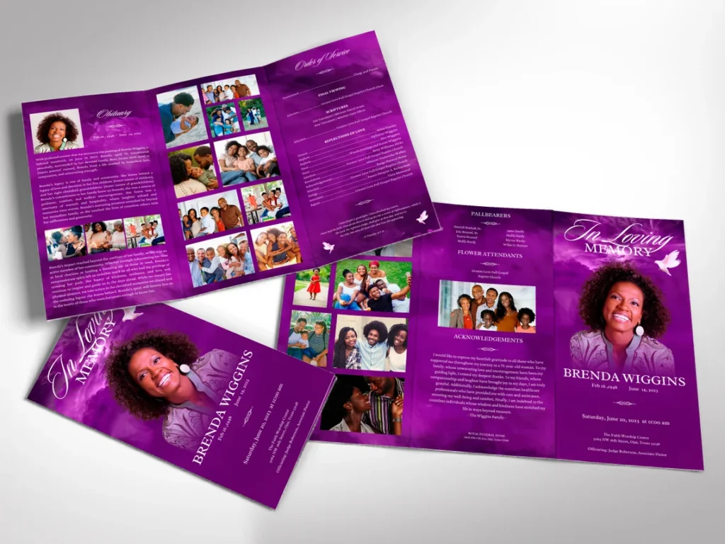 Purple Memories Tabloid Trifold Funeral Program Template for Canva, Celebration of Life, In Loving Memory, Obituary for Women, 11x17 