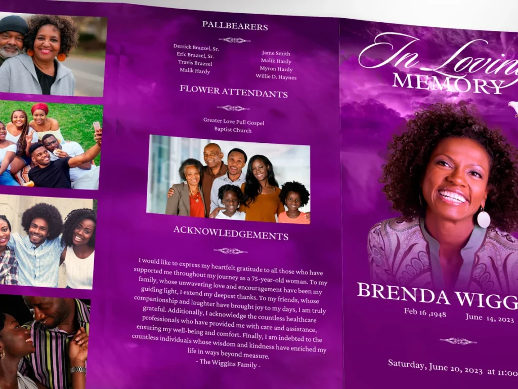 Purple Memories Tabloid Trifold Funeral Program Template for Canva, Celebration of Life, In Loving Memory, Obituary for Women, 11x17 