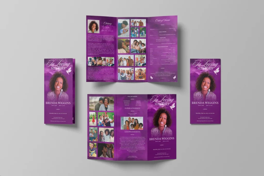 Purple Memories Tabloid Trifold Funeral Program Template for Canva, Celebration of Life, In Loving Memory, Obituary for Women, 11x17 