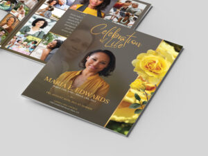 Yellow Rose Funeral Program Template for Canva, Yellow Gold, US Legal, Celebration of Life, Obituary Template for Women, 8 Page, 7x8.5