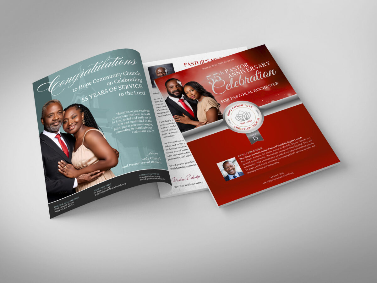 Church Souvenir Book Template – a 24-page banquet magazine designed for Canva in elegant Red, Silver, and Gray. This tabloid-sized template, measuring 17x11 inches and folding to 8.5x11 inches